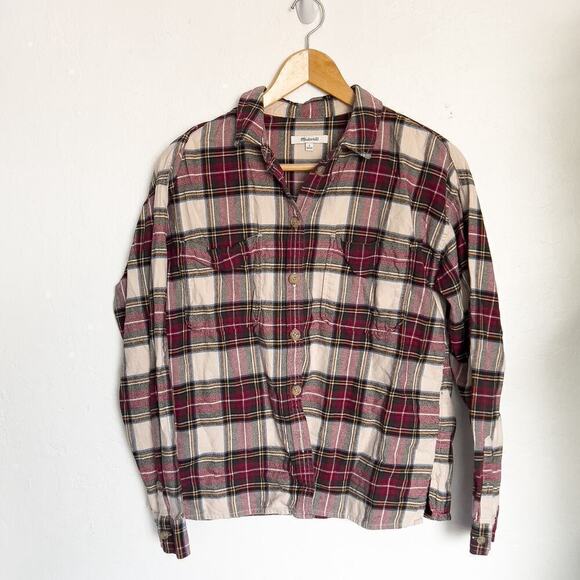 Madewell Flannel Tartan Plaid Button Down Shirt Long Sleeve Small Red Ivory - Picture 1 of 5